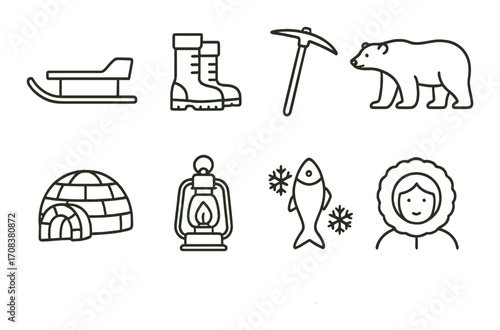 Winter adventure icons: sledding, hiking, arctic wildlife, igloo, fishing, lantern, inuit