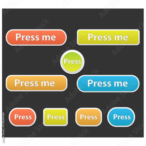 Various colorful buttons with text for user interface design and web applications.