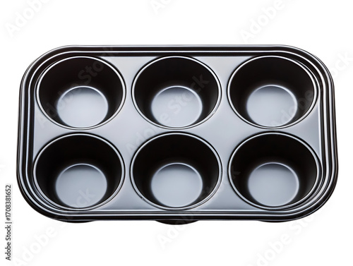 Shiny metal muffin tin with six round cups isolated on transparent background