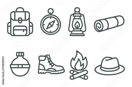 Camping essentials: backpack, compass, lantern, mat, canteen, boot, campfire, hat icons