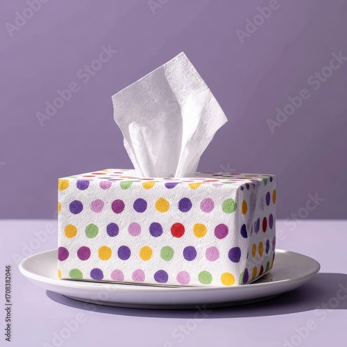 A box of colorful tissue paper sits on a white plate against a lavender background