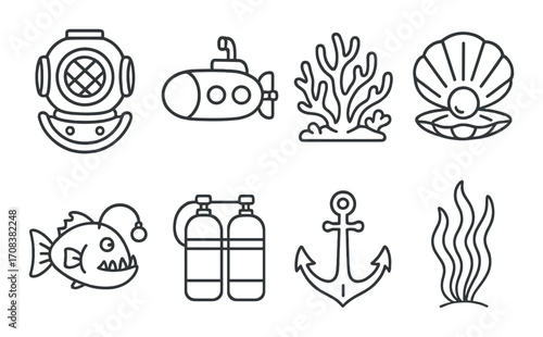 Nautical icons: submarine, diving helmet, coral, shell, anglerfish, scuba tanks, anchor, seaweed