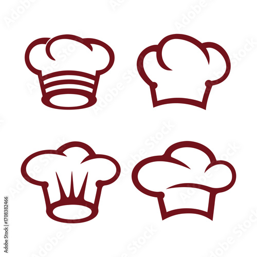 Collection of Four Stylized Chef Hats in Burgundy Outline
