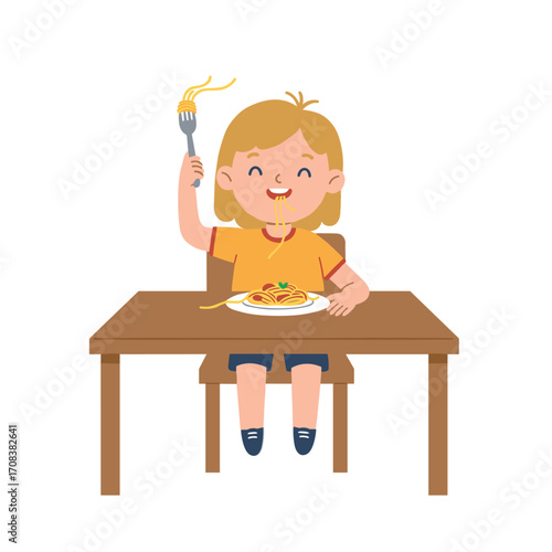 Child enjoying a delicious plate of spaghetti at dining table home kitchen illustration cheerful atmosphere front view. Vector illustration