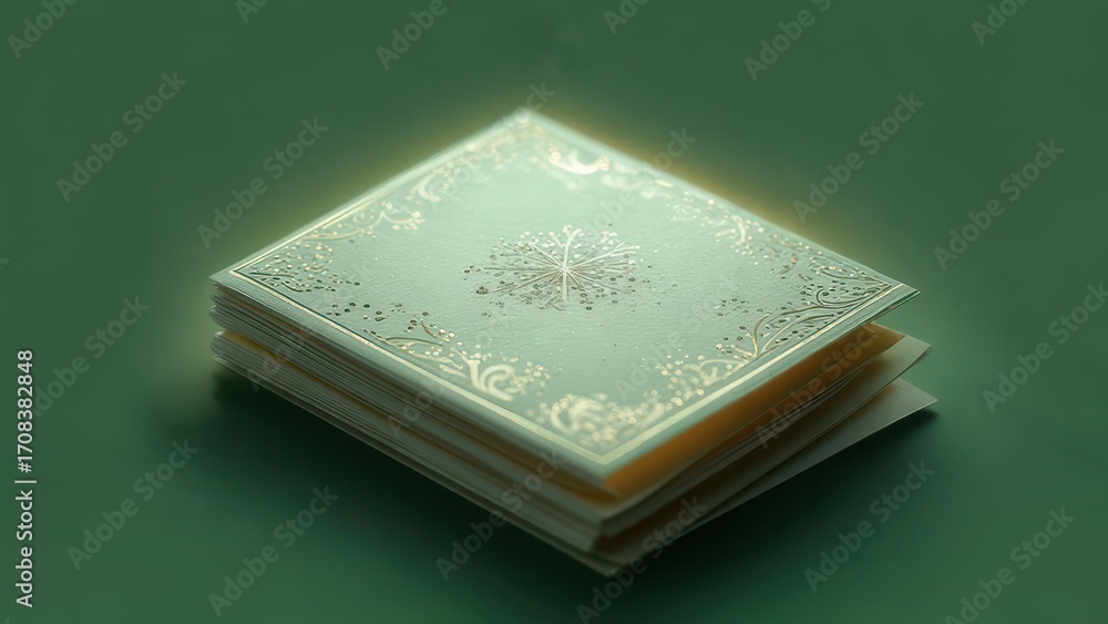 Fototapeta premium A subtly glowing, pale-green book with gold ornate detailing rests on a matching surface, suggesting magic or knowledge