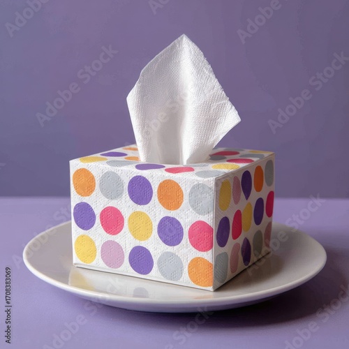 A white tissue box with a colorful polka dot pattern sits on a white plate against a muted purple background.  The tissue is partially pulled out