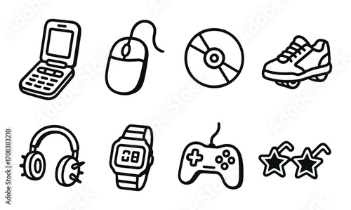 Retro tech icons: phone, mouse, cd, skates, headphones, watch, game controller, stars