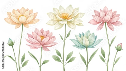 Wallpaper Mural Watercolor illustration of lotus flowers in various colors isolated on white background for design projects Torontodigital.ca