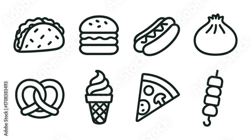 Outline icons of popular fast food items on olive background