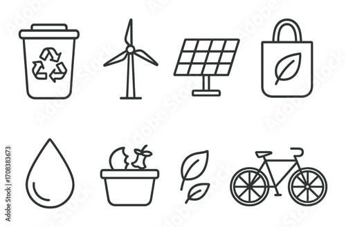 Eco-friendly icons: recycling, wind, solar, sustainability, nature