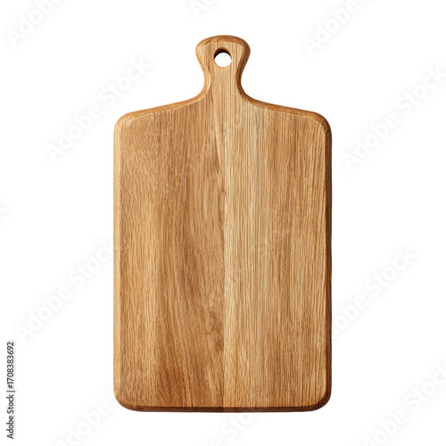 Rectangular light-brown wooden cutting board with a simple handle