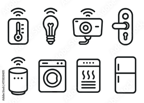Smart home device icons featuring thermostat, light bulb, camera, door lock, speaker, washer, heater, and refrigerator