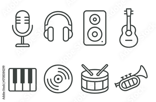 Music icons: microphone, headphones, speaker, guitar, piano, vinyl, drum, trumpet