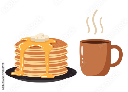 Delicious pancakes with maple syrup and coffee breakfast table food presentation cozy kitchen top view morning delight. Vector illustration