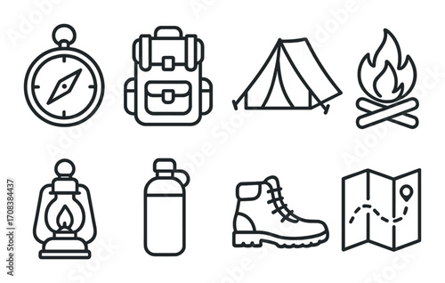 Camping essentials: compass, backpack, tent, campfire, lantern, water bottle, boot, map