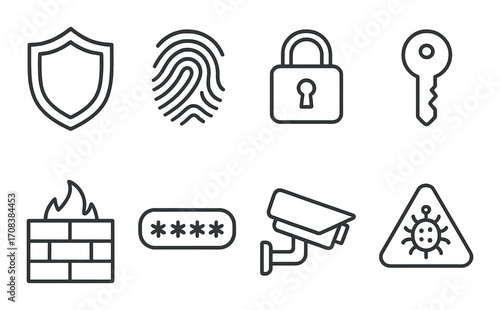 Icons of cybersecurity: shield, fingerprint, lock, key, firewall, password, cctv, threat