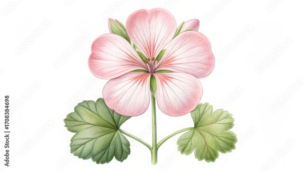 Fototapeta premium Watercolor illustration of a pink geranium flower with leaves isolated on white background