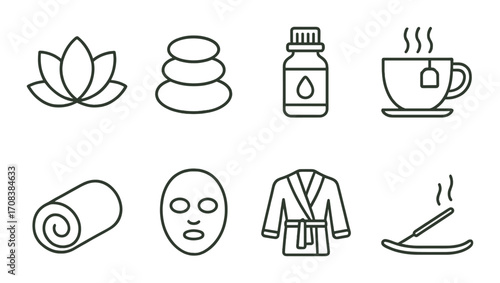 Spa essentials icon set featuring lotus, tea, stones, and aromatherapy elements on green background