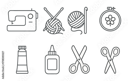 Sewing and crafting icons: sewing machine, yarn, scissors, glue, embroidery