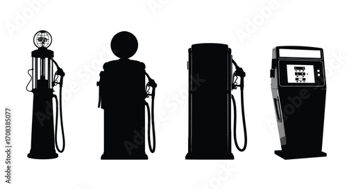 Retro and modern gas station pumps silhouettes collection vintage and contemporary fuel dispensers vector