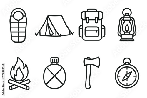 Camping essentials icons: sleeping bag, tent, backpack, lantern, fire, canteen, axe, compass