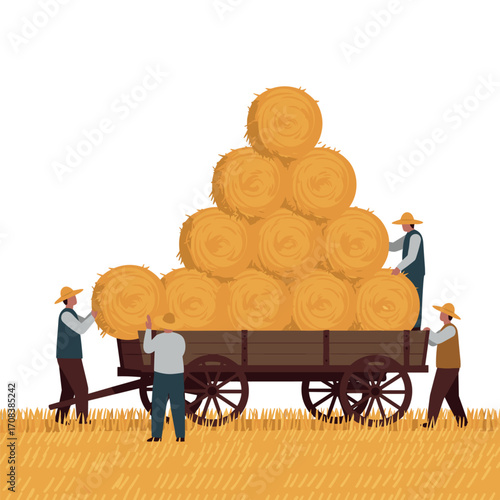 Farmers loading hay bales onto a wooden cart in a sunny agricultural field. Vector illustration