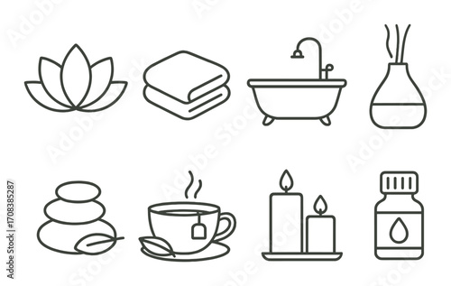 Spa and relaxation icons set: lotus, towels, bath, aroma diffuser, stones, tea, candles, oil