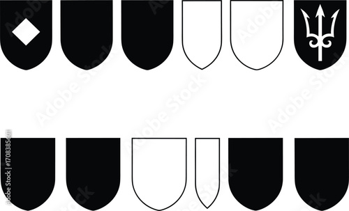 Shield silhouette and emblem shapes collection, black and white vector icons, heraldic design elements, medieval coat of arms, security badge graphic symbols