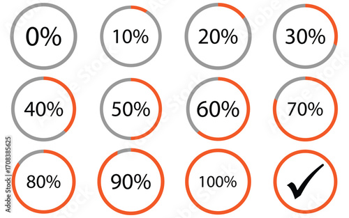 Set of Circle loading or circle progress collection. Set of circle percentage diagrams for infographics 0 10 20 30 40 50 60 70 80 90 100 percent in black.