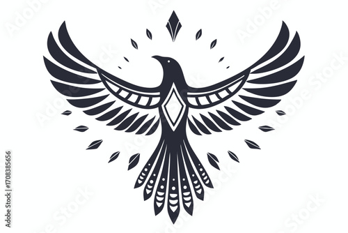 Stylized raven soars with spread wings accompanied by falling leaves and diamond shape accents