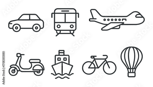 Black silhouette icons of various transportation modes on dark background