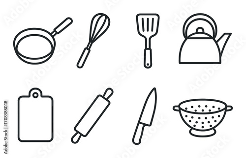 Silhouette icons of essential kitchen utensils on dark background