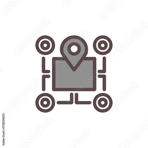 Map icon with location pin and connection points indicating destination