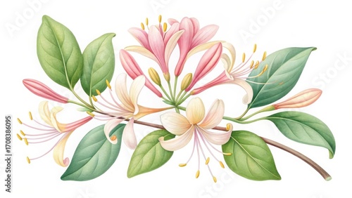 Watercolor honeysuckle branch with flowers and leaves isolated on white background for elegant design