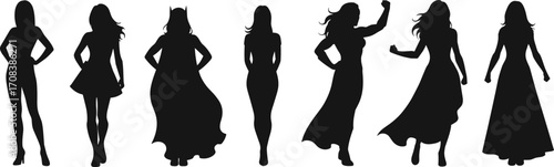 Female superhero and woman silhouettes collection, strong confident women, fashion poses, vector illustration, empowering female figures, graphic design elements, stylish character set