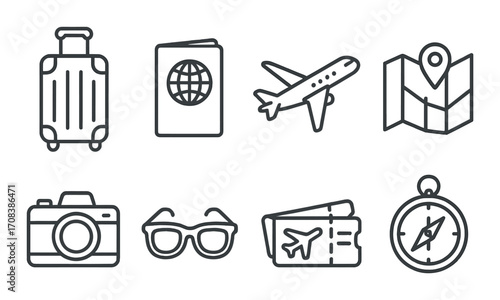 Travel icons: luggage, passport, airplane, map, camera, glasses, tickets, compass