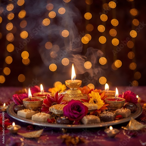 Beautifully Decorated Pooja Thali with Diyas, Sweets and Flowers for Diwali Celebration