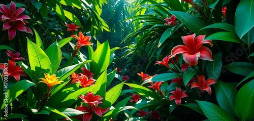 Lush green jungle foliage, vibrant flowers, exotic plants, sunlight dappled through leaves,   green leaves,  product backdrop
