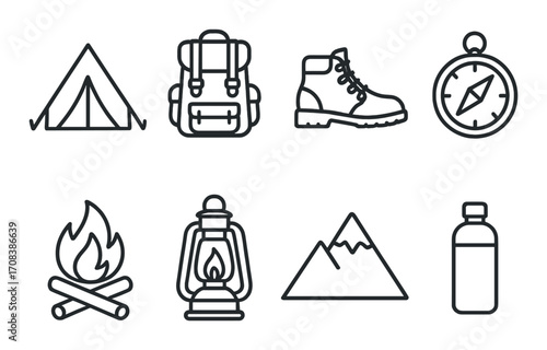 Camping adventure icons: tent, backpack, boot, compass, fire, lantern, mountain, water bottle