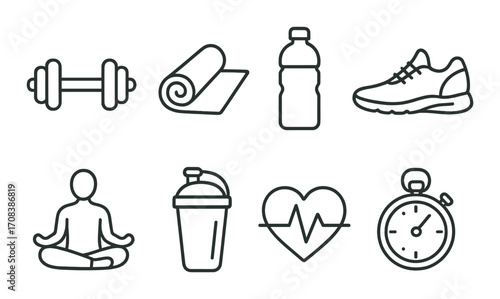 Fitness icons: dumbbell, yoga mat, water bottle, shoe, meditation, shake, heartbeat, stopwatch