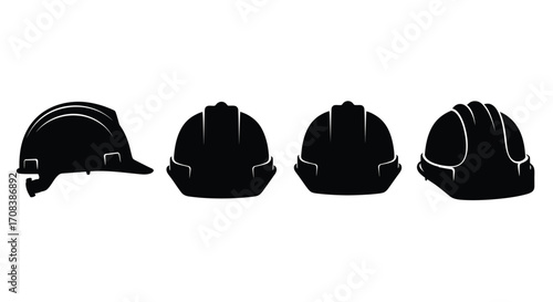 Four black hard hats shown from different angles for safety and construction vector