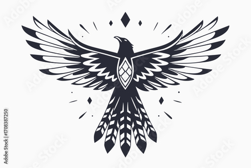 Monochromatic stylized eagle spreads out its detailed wings, adorned with diamonds and feathers
