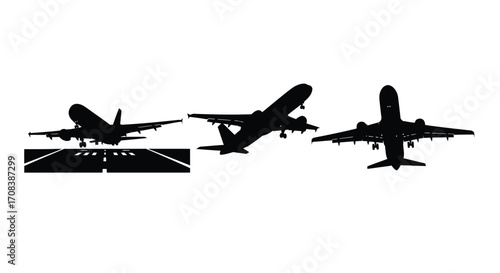 Silhouetted airplanes taking off from runway in dramatic black and white departure vector