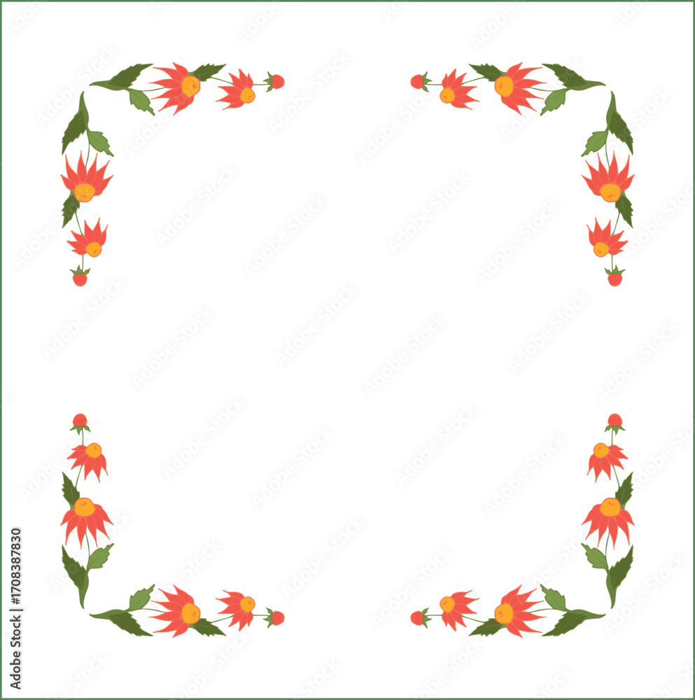 Naklejka premium Green vegetal ornamental frame with orange Rudbeckien leaves and flowers, decorative border, corners for greeting cards, banners, business cards, invitations, menus. Isolated vector illustration.