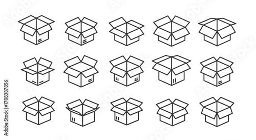 Collection of hand drawn open cardboard boxes in various isometric perspectives for shipping and storage vector