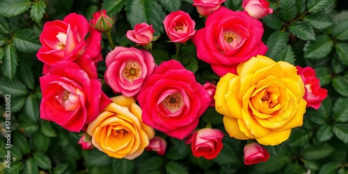 Overhead shot of vibrant roses and lush green leaves, closeup, romantic