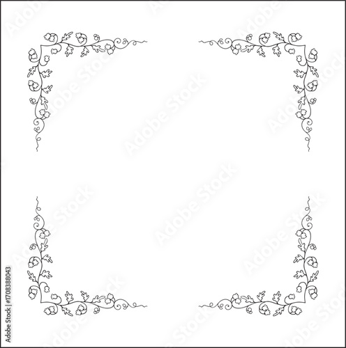 Black and white vegetal ornamental frame with bluebells leaves and flowers, decorative border, corners for greeting cards, banners, business cards, invitations, menus. Isolated vector illustration.	
