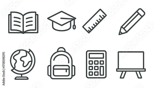 Educational icons: book, graduation cap, ruler, pencil, globe, backpack, calculator, easel
