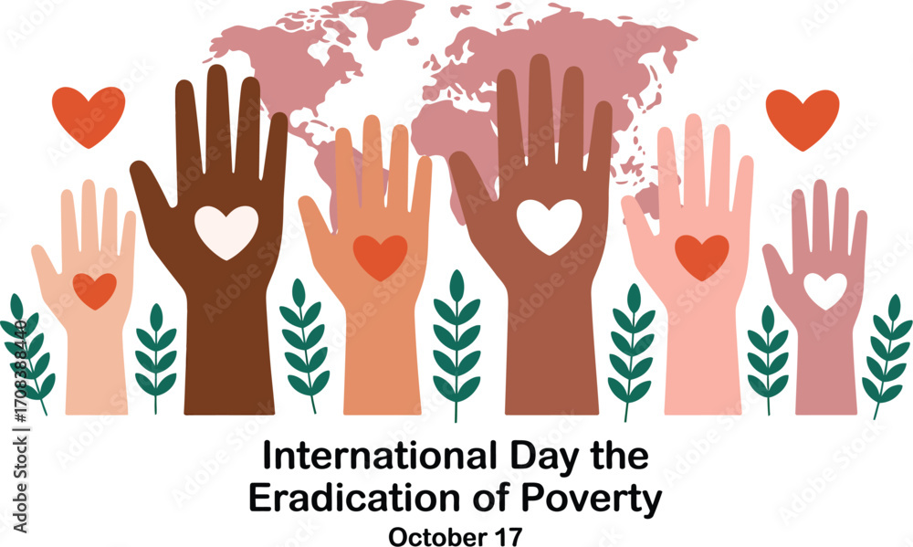Fototapeta premium Diverse hands raised with hearts symbolizing unity and global support for poverty eradication