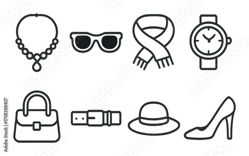 Fashion accessories icons featuring necklace, sunglasses, scarf, watch, handbag, belt, hat, high heel